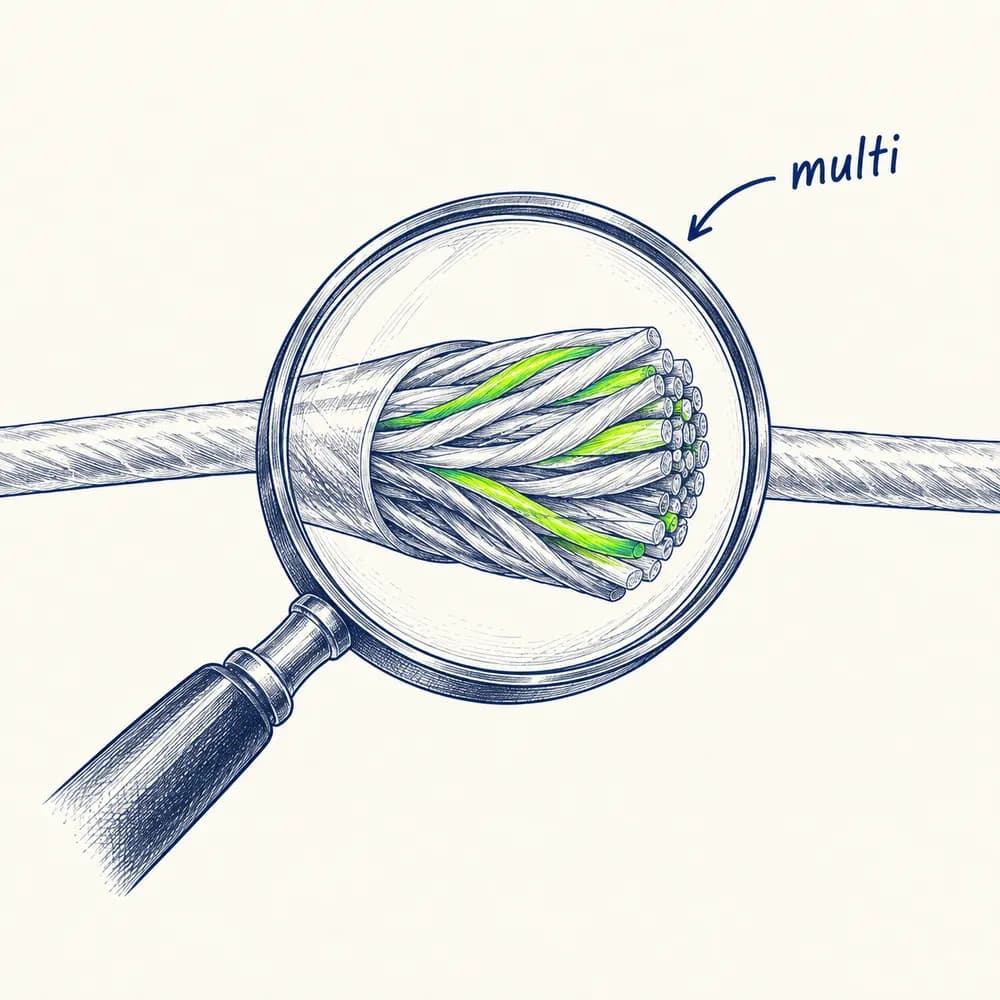 Croquis : une loupe montre les microfibres tressées d'un cordage, annoté « multi »