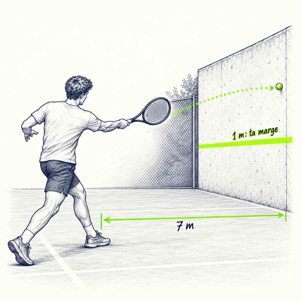 Croquis : face à un mur, un joueur frappe un coup droit ; une bande lime est tracée sur le mur, un mètre au-dessus de la hauteur du filet, annotée « 1 m : ta marge »
