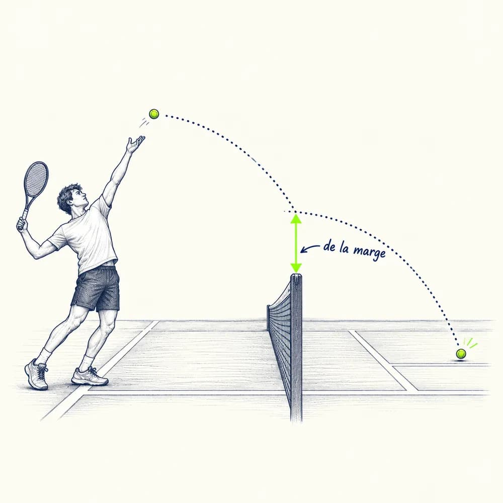 Croquis : la trajectoire en pointillés d'un service passe bien au-dessus du filet, une double flèche lime annotée « de la marge »