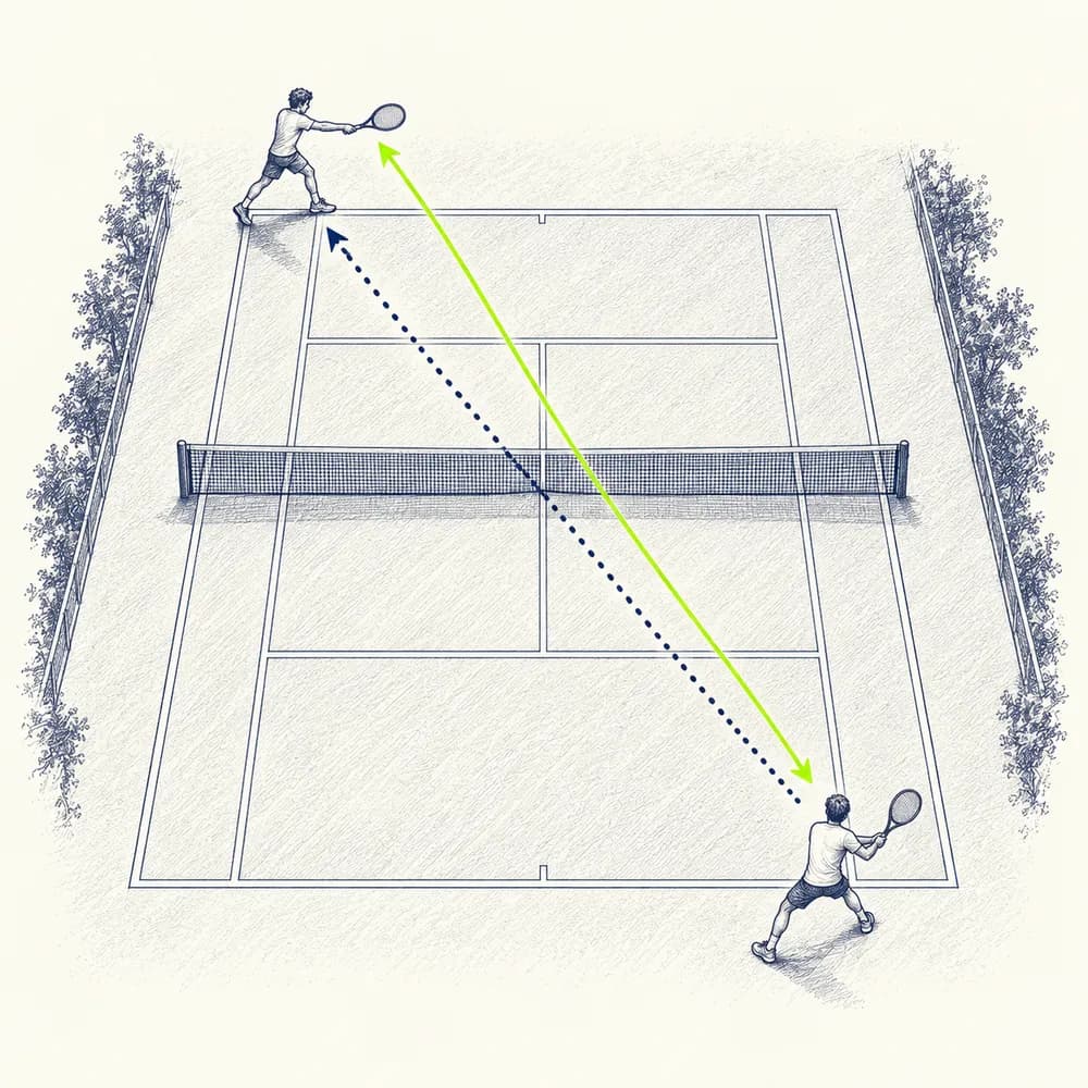 Croquis vu d'en haut : deux joueurs échangent en diagonale, d'un coin du court à l'autre, les trajectoires passent par le centre du filet