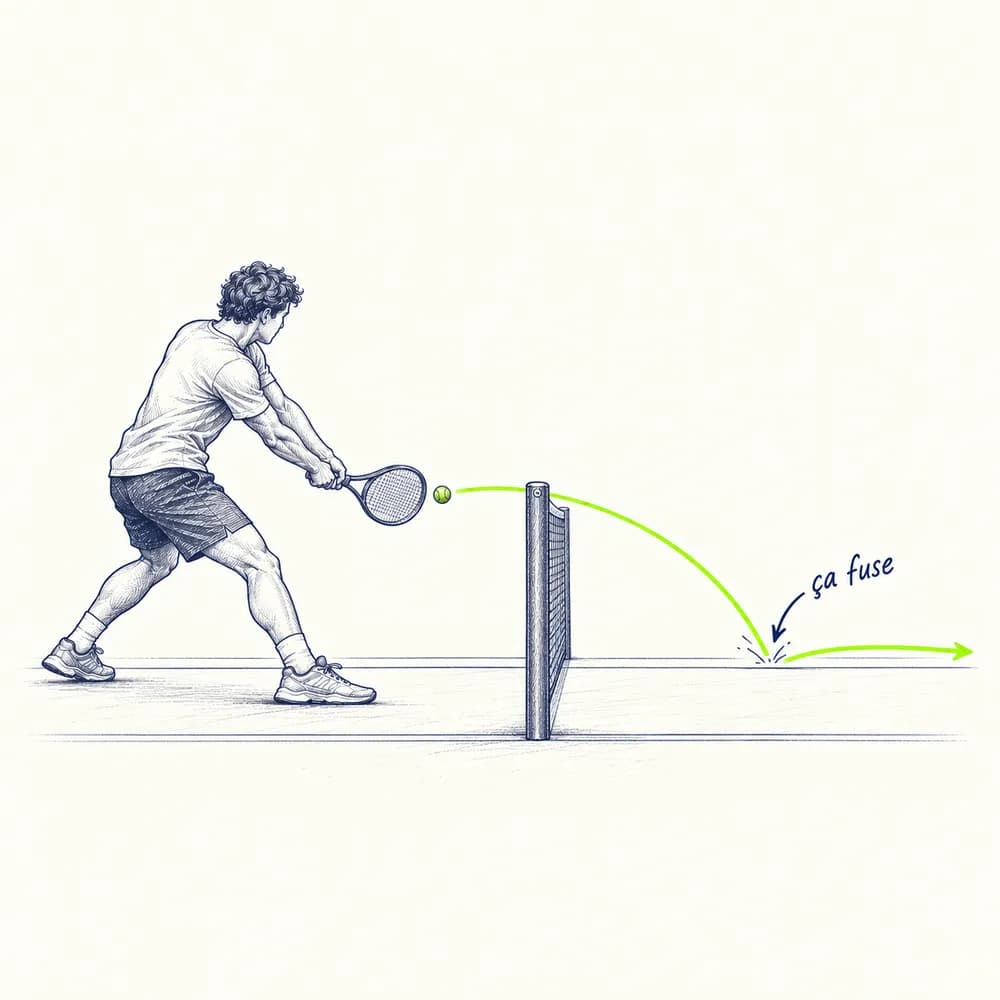 Croquis : un joueur frappe un slice, la balle passe bas au-dessus du filet et file au ras du sol après le rebond, annotée « ça fuse »
