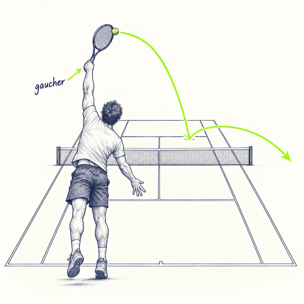 Croquis : un serveur gaucher frappe un service slicé dont la trajectoire lime sort largement du court