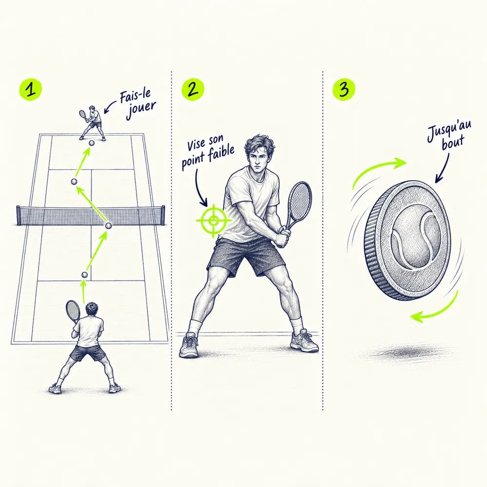 Croquis en trois cases : 1, fais-le jouer, une balle qui traverse le court ; 2, vise son point faible, une cible sur l'adversaire ; 3, jusqu'au bout, une pièce qui tourne