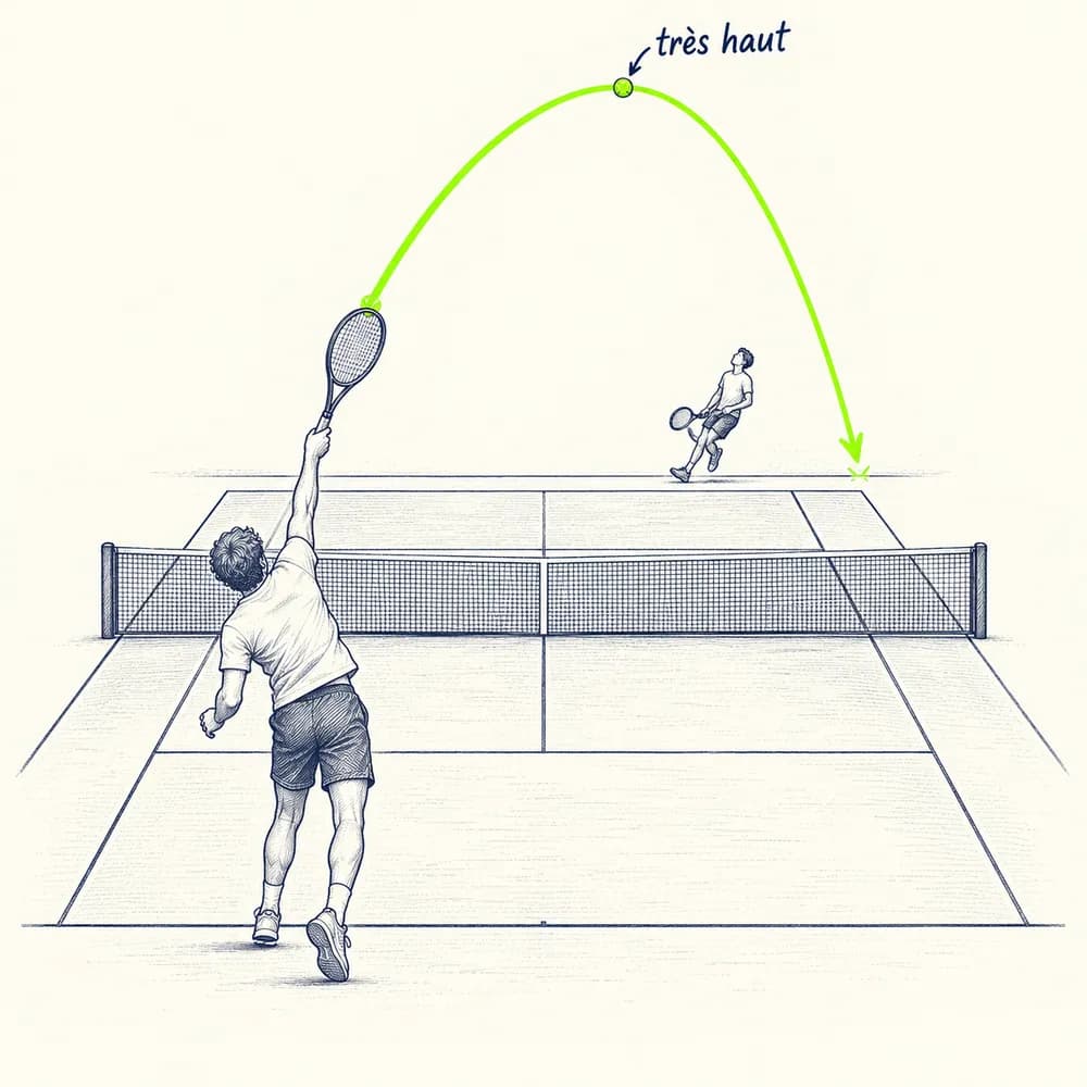 Croquis : un joueur expédie une balle en cloche dont la trajectoire lime, annotée « très haut », passe loin au-dessus du filet et retombe au fond du court adverse