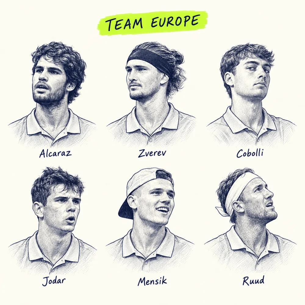 Croquis des six joueurs de Team Europe 2026, en portraits annotés : Alcaraz, Zverev, Cobolli, Jodar, Mensik et Ruud