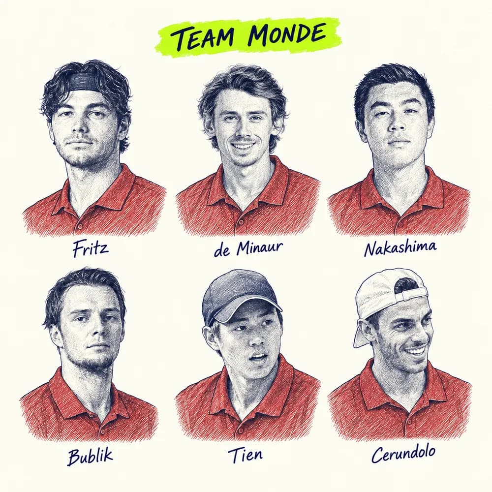Croquis des six joueurs de Team World 2026 en polo rouge, en portraits annotés : Fritz, de Minaur, Nakashima, Bublik, Tien et Cerundolo