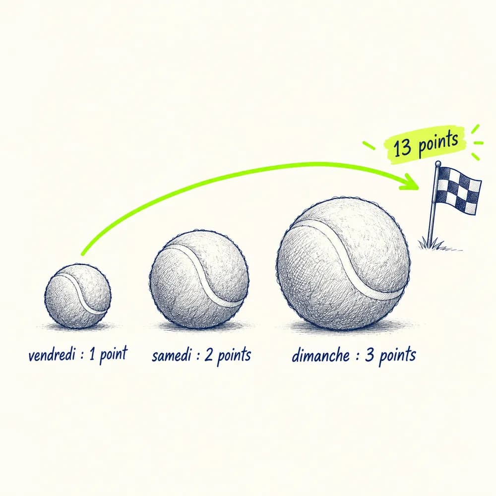 Croquis de trois balles de plus en plus grosses, annotées « vendredi : 1 point », « samedi : 2 points », « dimanche : 3 points », et une flèche lime vers un drapeau « 13 points »