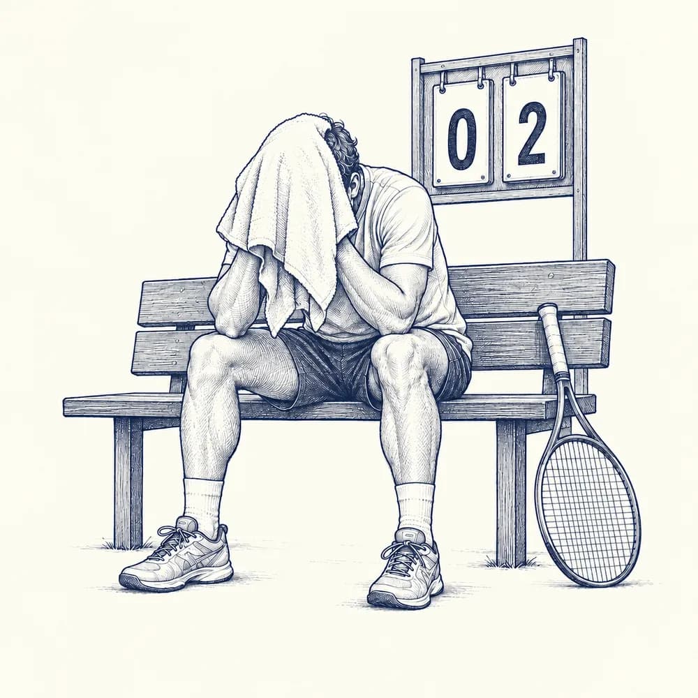 Croquis : un joueur assis sur un banc, la serviette sur la tête, devant un tableau de score marqué 0-2