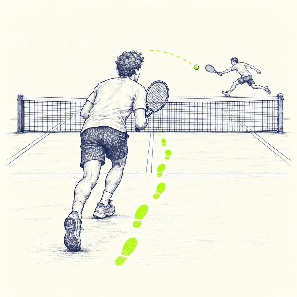 Croquis : un joueur, vu de dos, avance vers le filet dans la foulée de sa balle d'approche, des traces de pas lime au sol