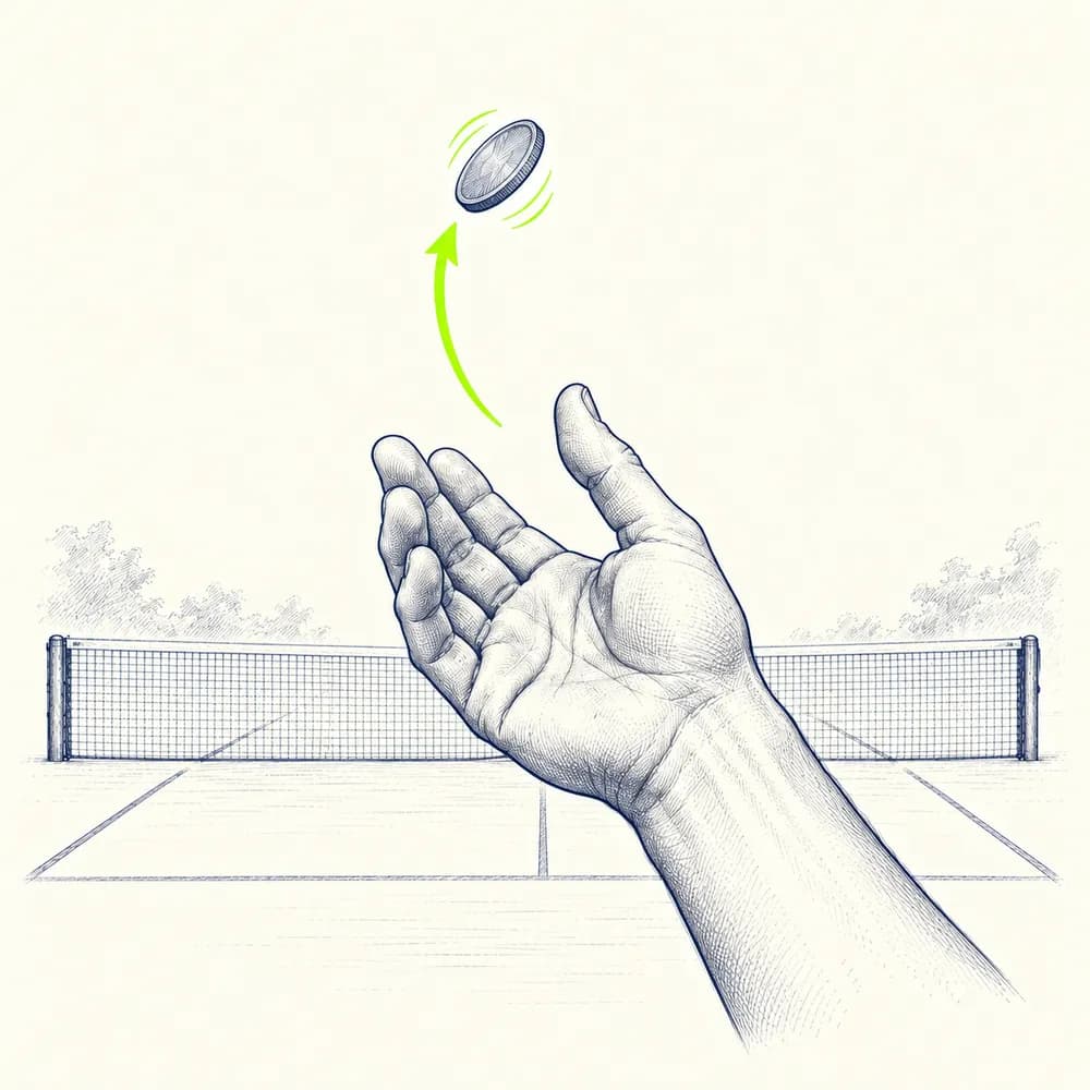 Croquis : une main lance une pièce au-dessus d'un court de tennis