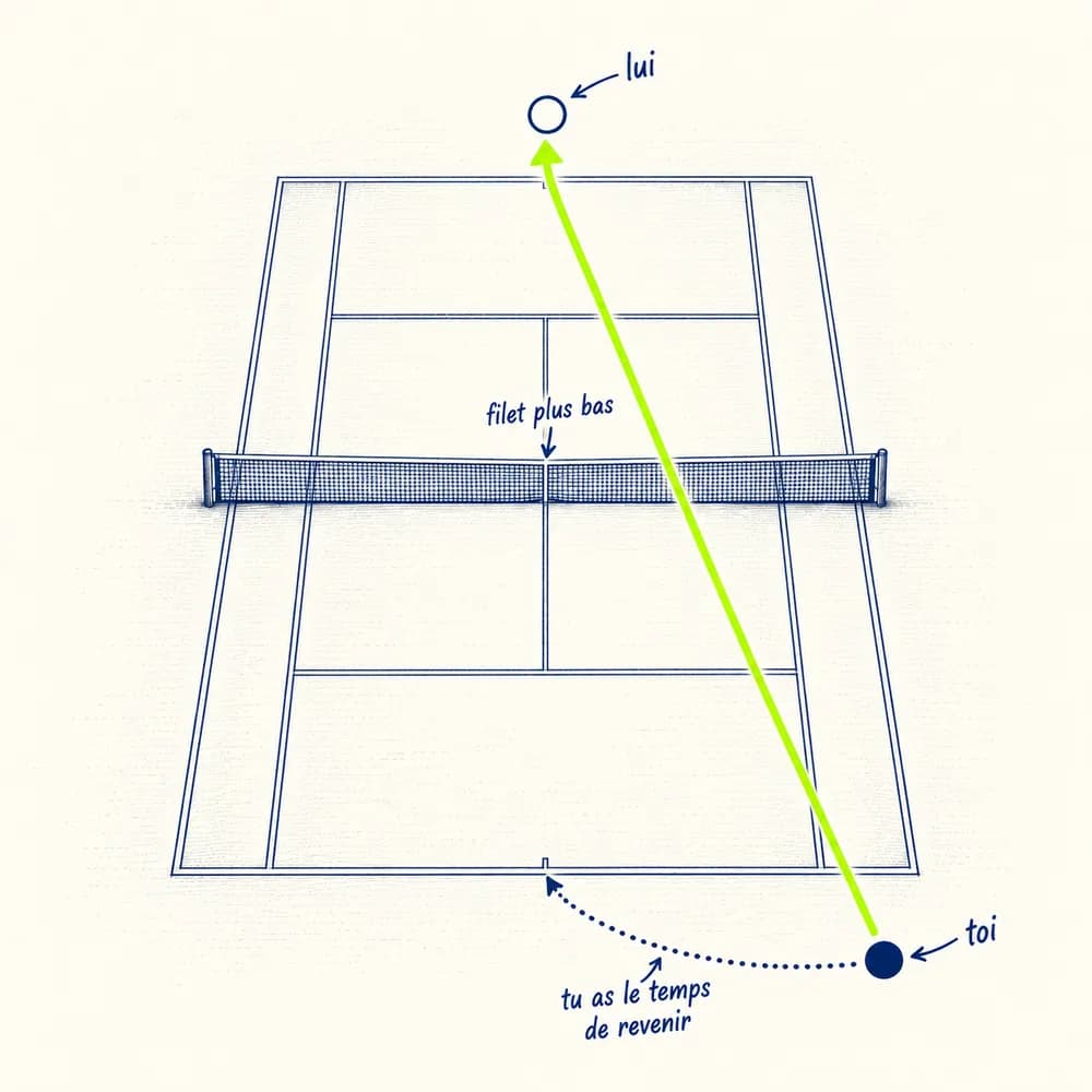Croquis vu d'en haut : la réponse A, une balle haute et profonde au centre, passe là où le filet est le plus bas et te laisse le temps de revenir