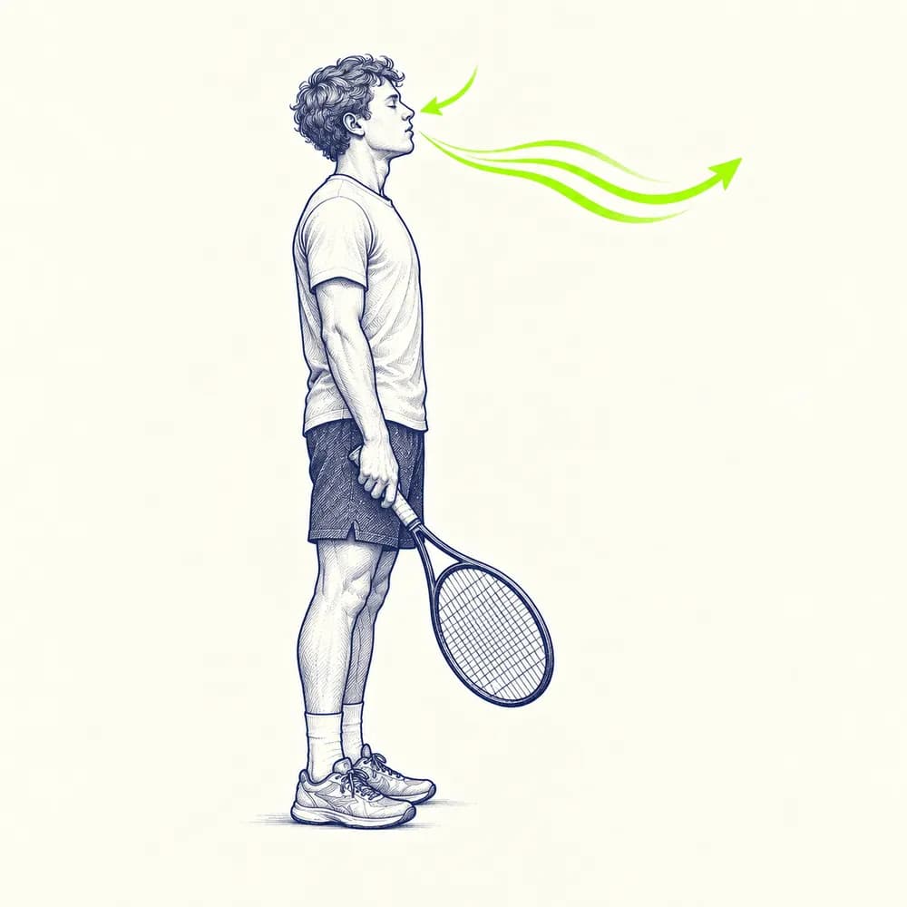 Croquis : un joueur expire longuement entre deux points, un souffle dessiné en lime