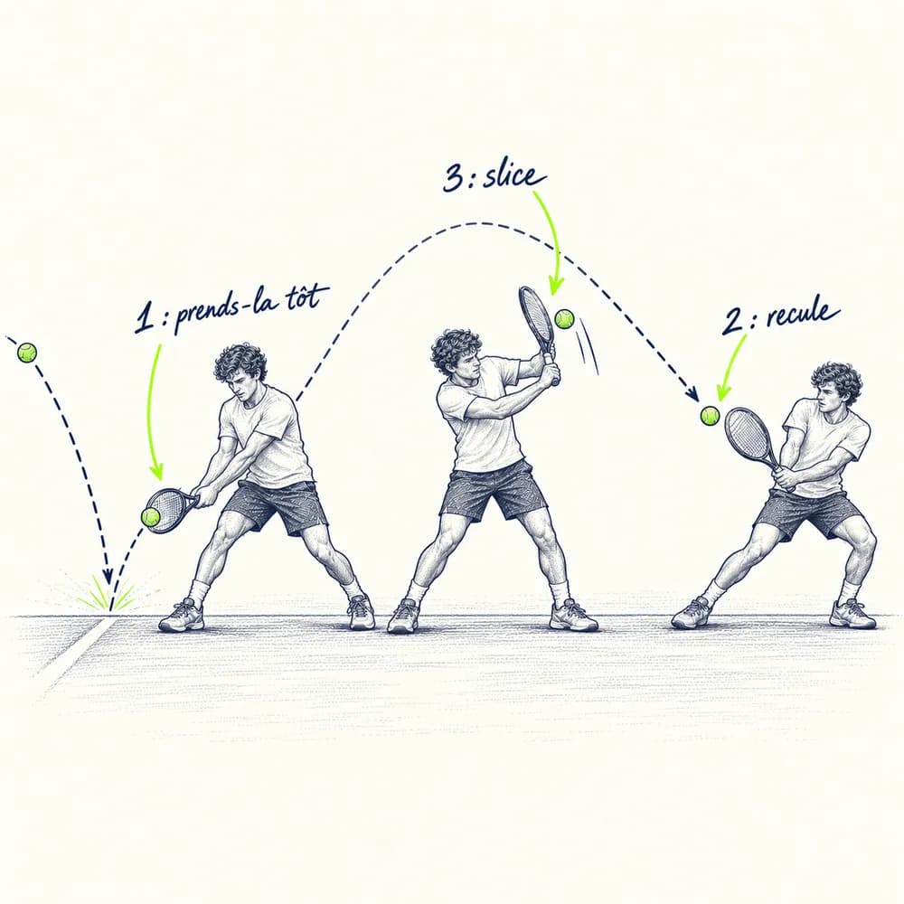 Croquis vu de côté : une balle liftée rebondit très haut ; trois joueurs montrent les solutions, 1 : prends-la tôt, 2 : recule, 3 : slice