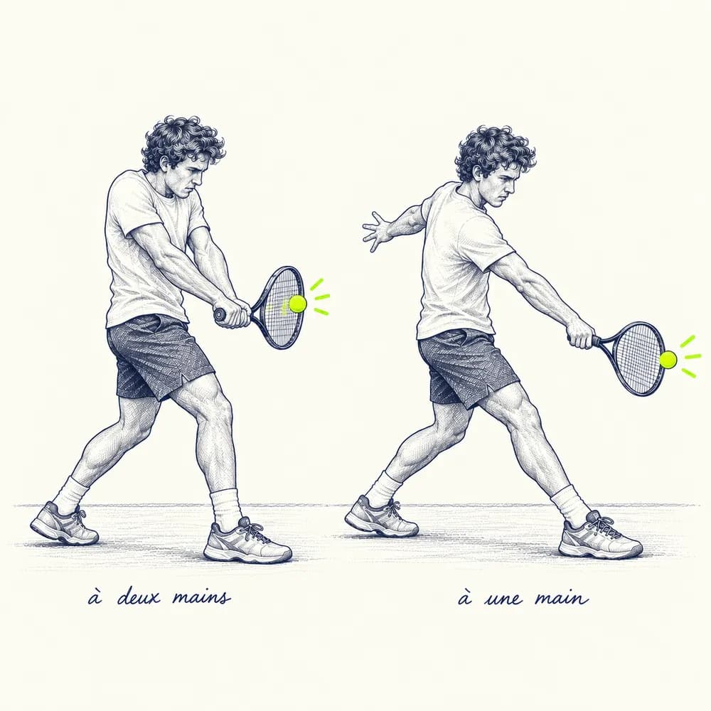 Croquis du même joueur aux cheveux bouclés en revers : à deux mains à gauche, à une main à droite, la balle en lime au point d'impact