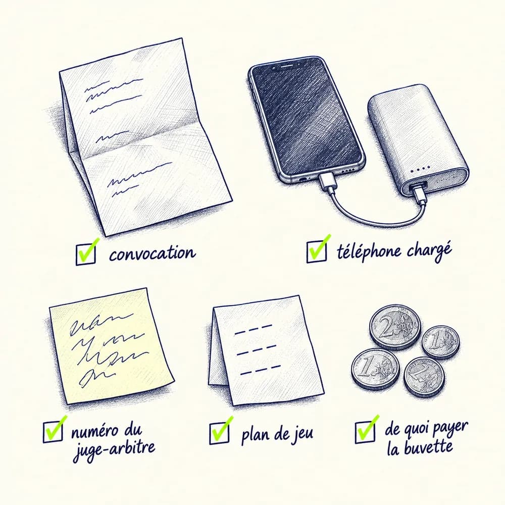 Croquis d'une liste cochée : convocation, téléphone chargé, numéro du juge-arbitre, plan de jeu, de quoi payer la buvette