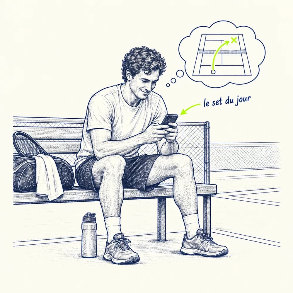 Croquis : un joueur assis sur un banc au bord du court joue au Set du jour sur son téléphone, une bulle montre une trajectoire sur un court, annotation « le set du jour »