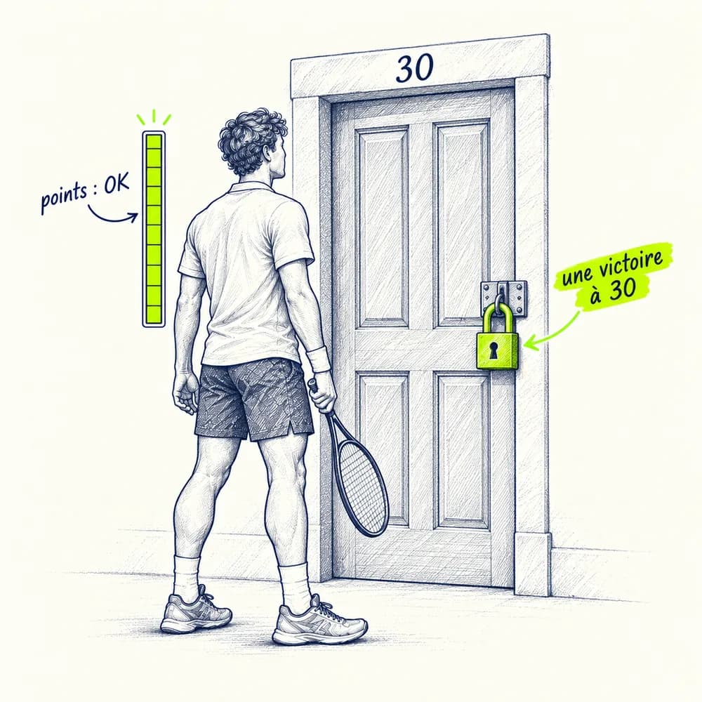 Croquis : un joueur devant une porte marquée 30, fermée par un cadenas lime annoté « une victoire à 30 » ; à côté, une jauge pleine annotée « points : OK »
