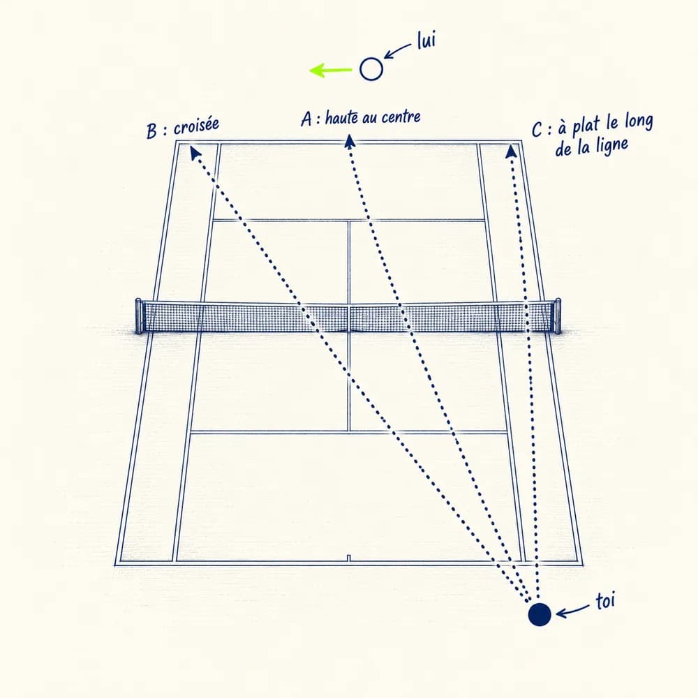 Croquis vu d'en haut : débordé en coup droit, trois options tracées, A haute au centre, B croisée, C à plat le long de la ligne