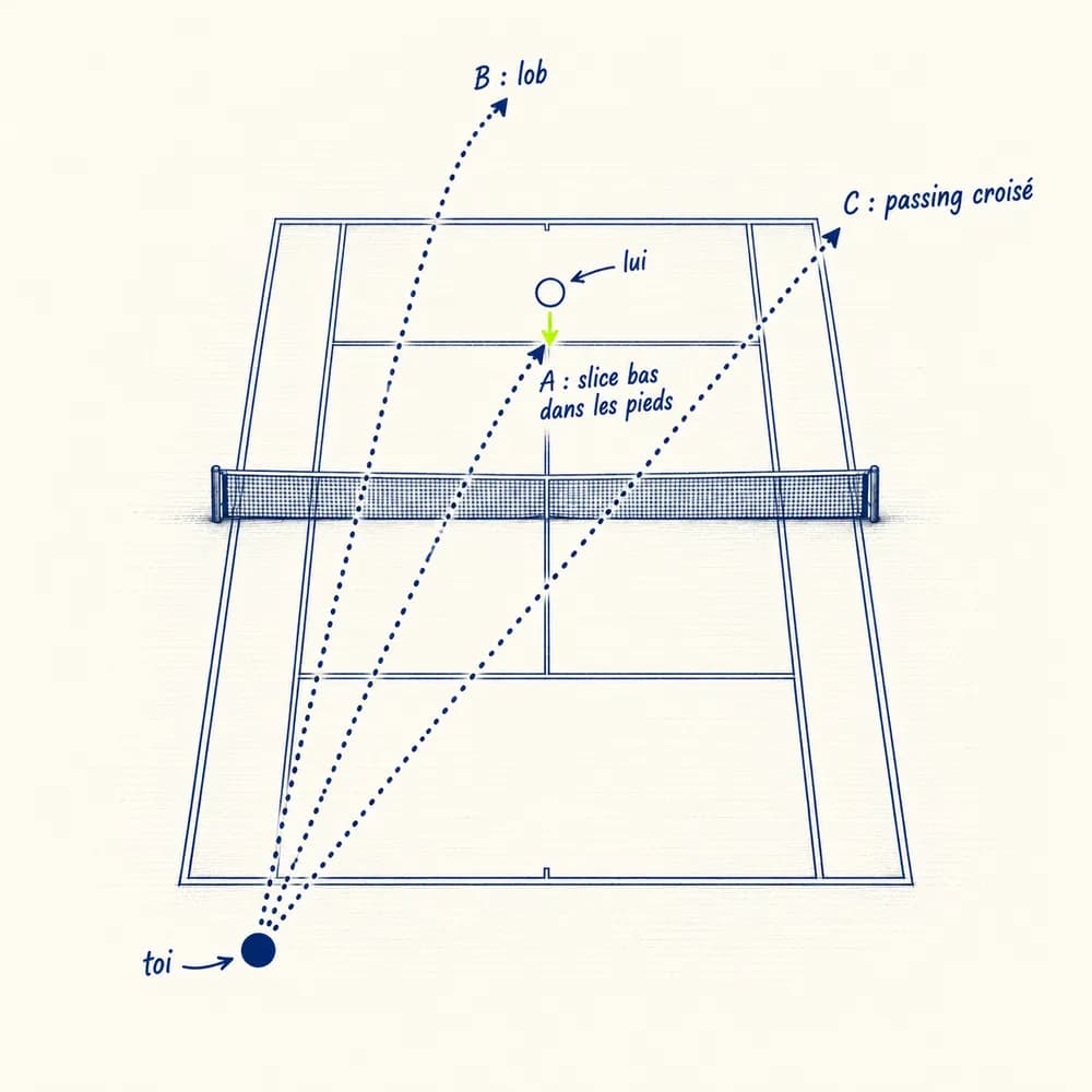 Croquis vu d'en haut : l'adversaire est monté au filet ; débordé en revers, trois options, A slice bas dans les pieds, B lob, C passing croisé