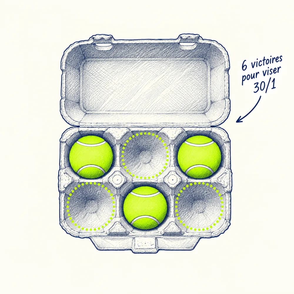 Croquis : une boîte à six balles ouverte, trois balles lime et trois cases vides en pointillés, annotée « 6 victoires pour viser 30/1 »