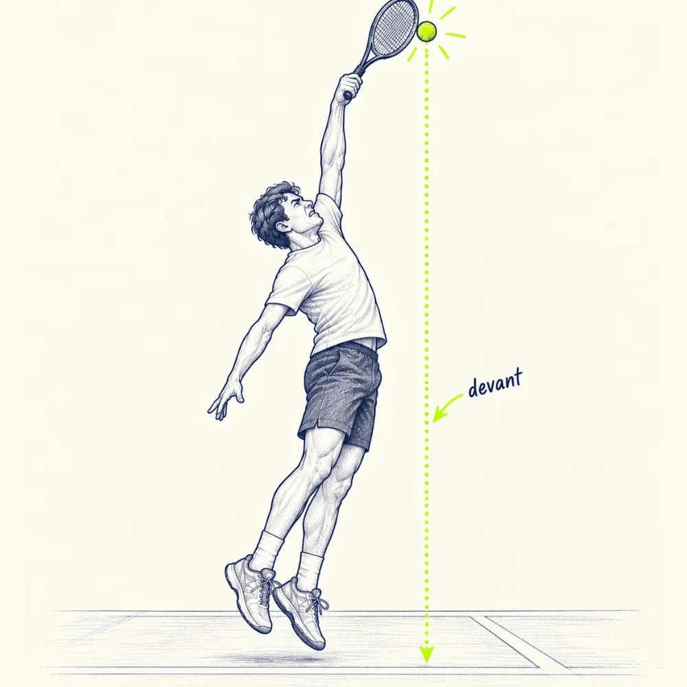 Croquis : un joueur saute et frappe la balle bras tendu, au plus haut ; une ligne lime pointillée part de la balle et touche le sol devant lui, annotée « devant »