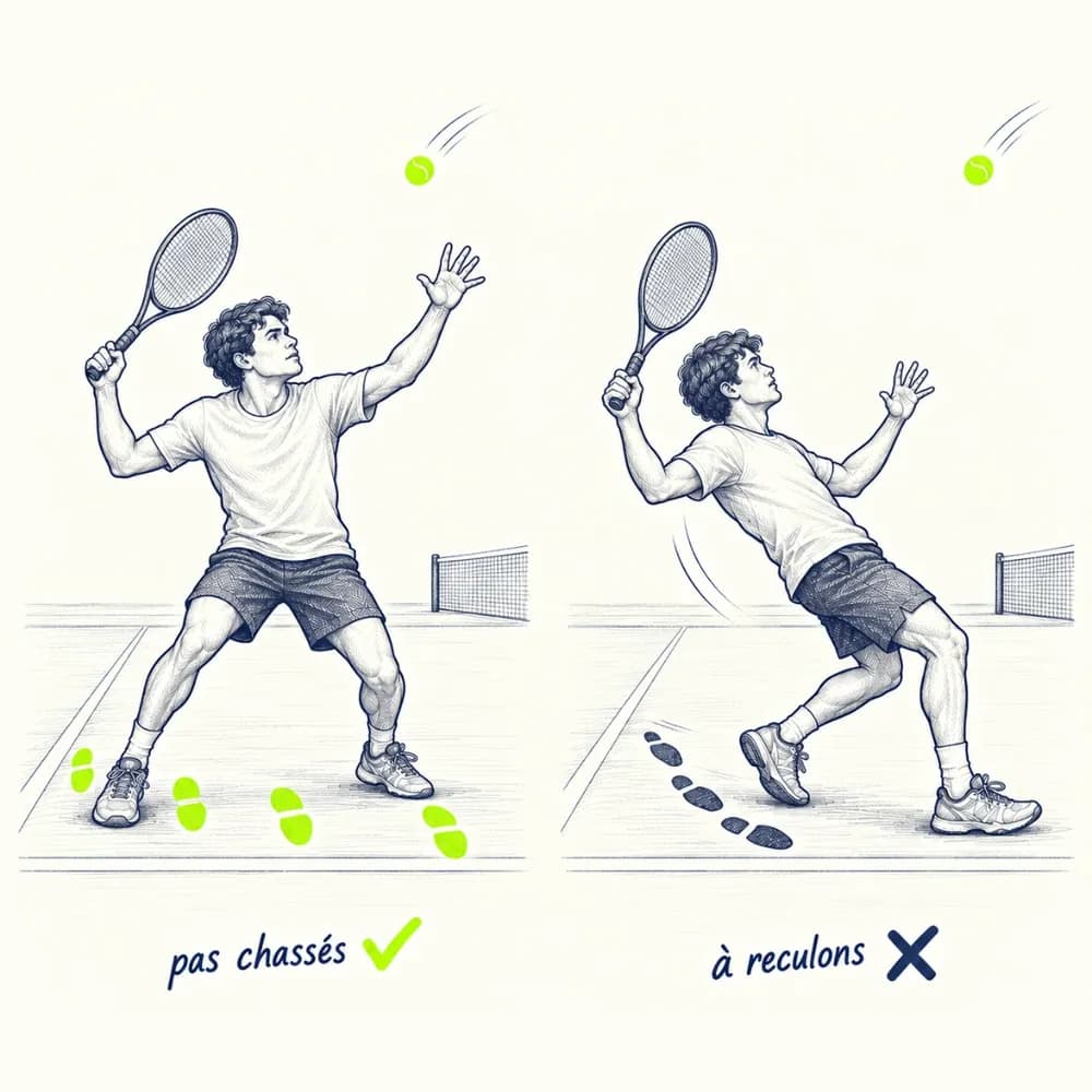 Croquis en deux temps : à gauche, validé, un joueur recule de profil en pas chassés, ses traces de pas en lime ; à droite, barré, le même joueur recule de face, à reculons, en déséquilibre