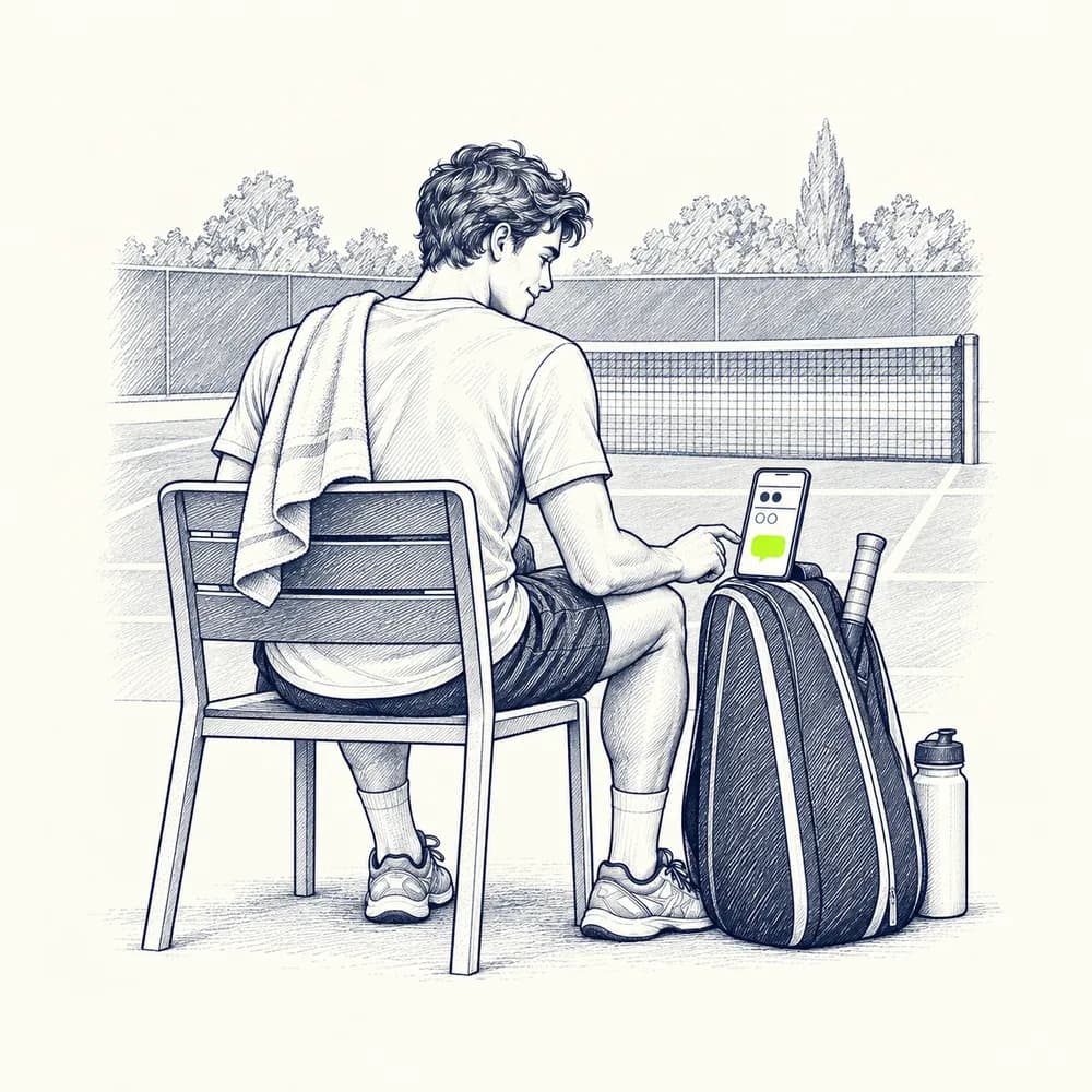 Croquis : un joueur assis sur sa chaise au changement de côté consulte son téléphone posé sur son sac