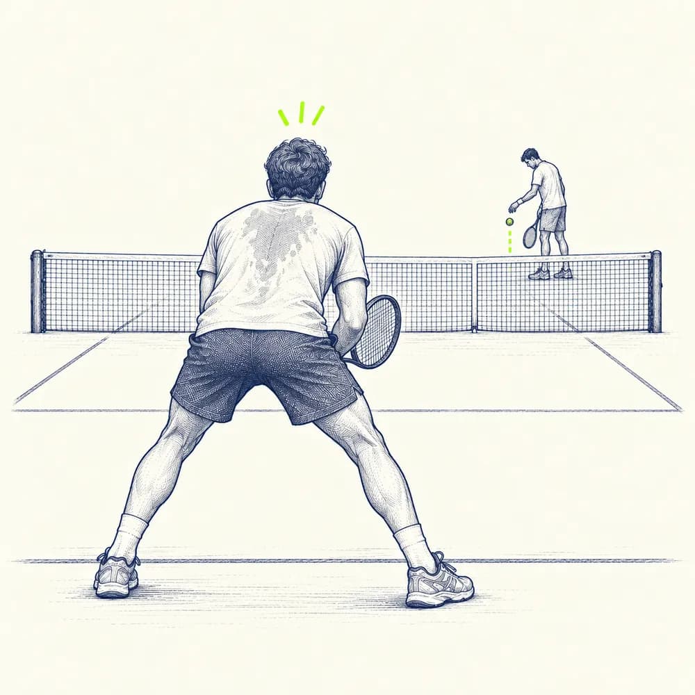 Croquis : un joueur vu de dos, en position de retour, attend le service de son adversaire