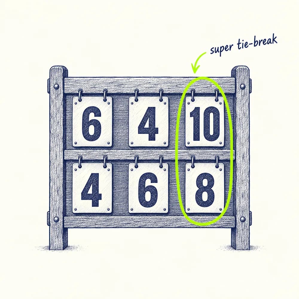Croquis d'un tableau de score : 6-4, 4-6 et 10-8, la dernière colonne entourée et annotée « super tie-break »