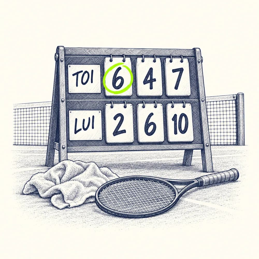 Croquis d'un tableau de score : Toi 6, 4, 7 ; Lui 2, 6, 10, le 6 du premier set entouré