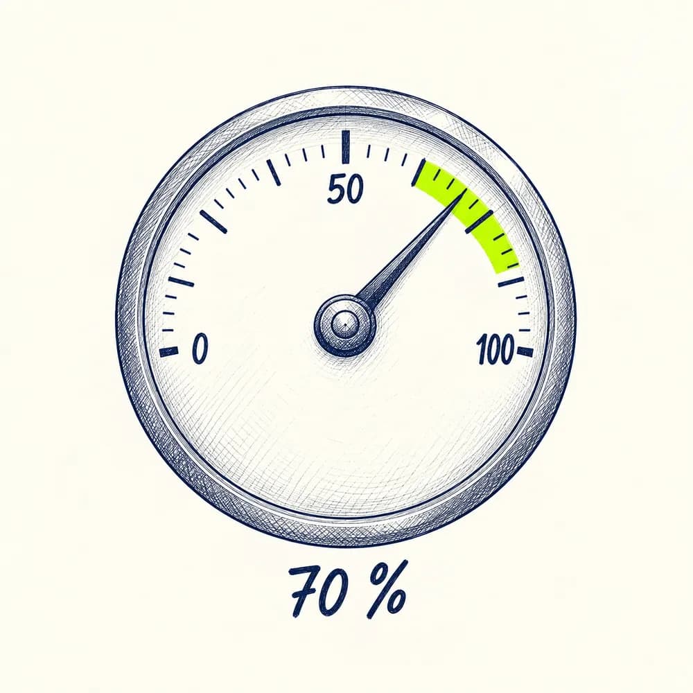 Croquis d'un compteur de vitesse dont l'aiguille s'arrête dans la zone lime, annoté « 70 % »