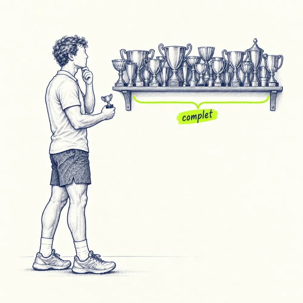 Croquis : un joueur, un petit trophée à la main, regarde une étagère pleine de trophées, annotée « complet »