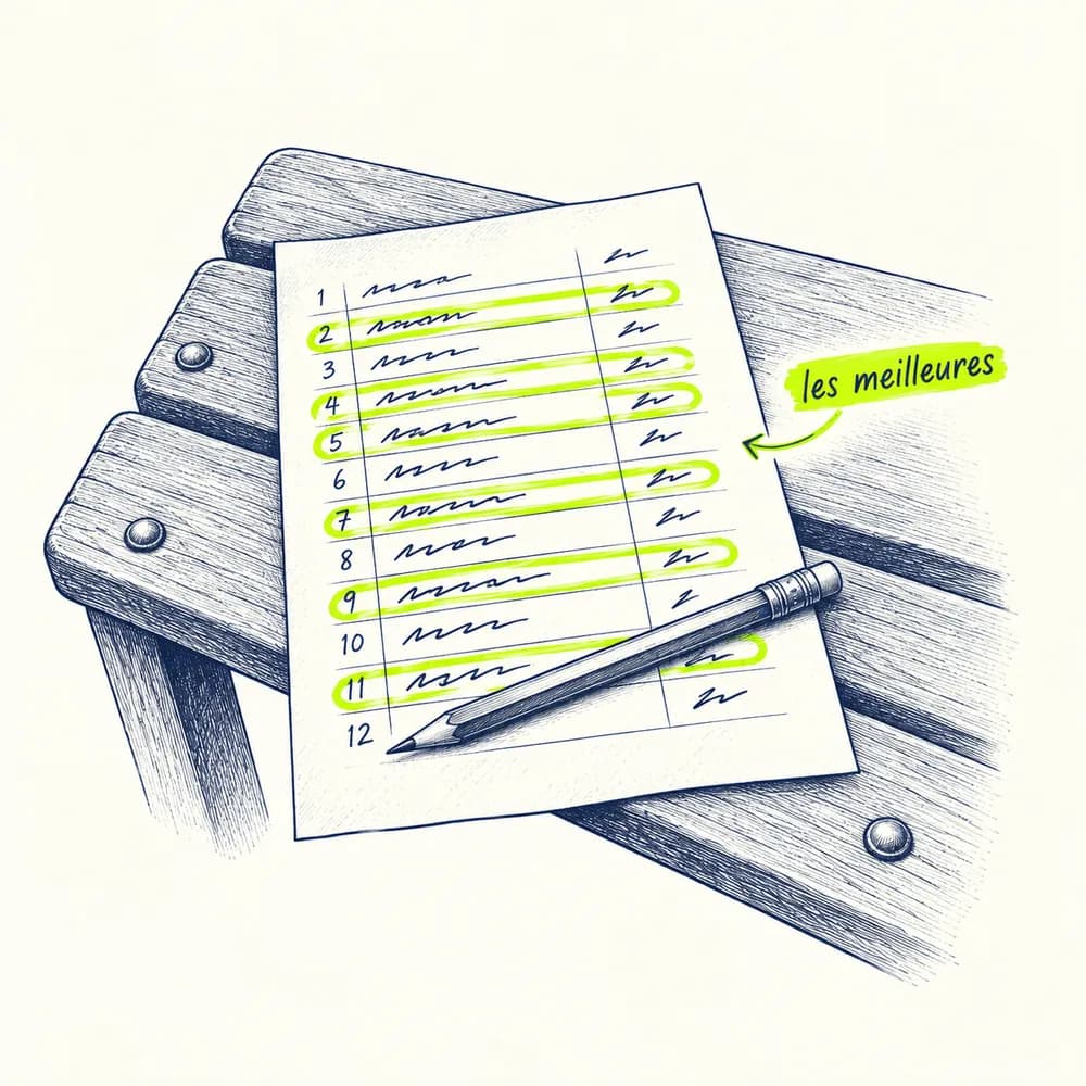 Croquis : une feuille de matchs numérotés de 1 à 12, posée sur un banc, où certaines lignes sont surlignées en lime avec l'annotation « les meilleures »
