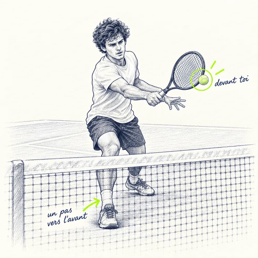 Croquis : un joueur au filet volleye, la balle entourée de lime bien devant lui, une flèche montre son pas vers l'avant