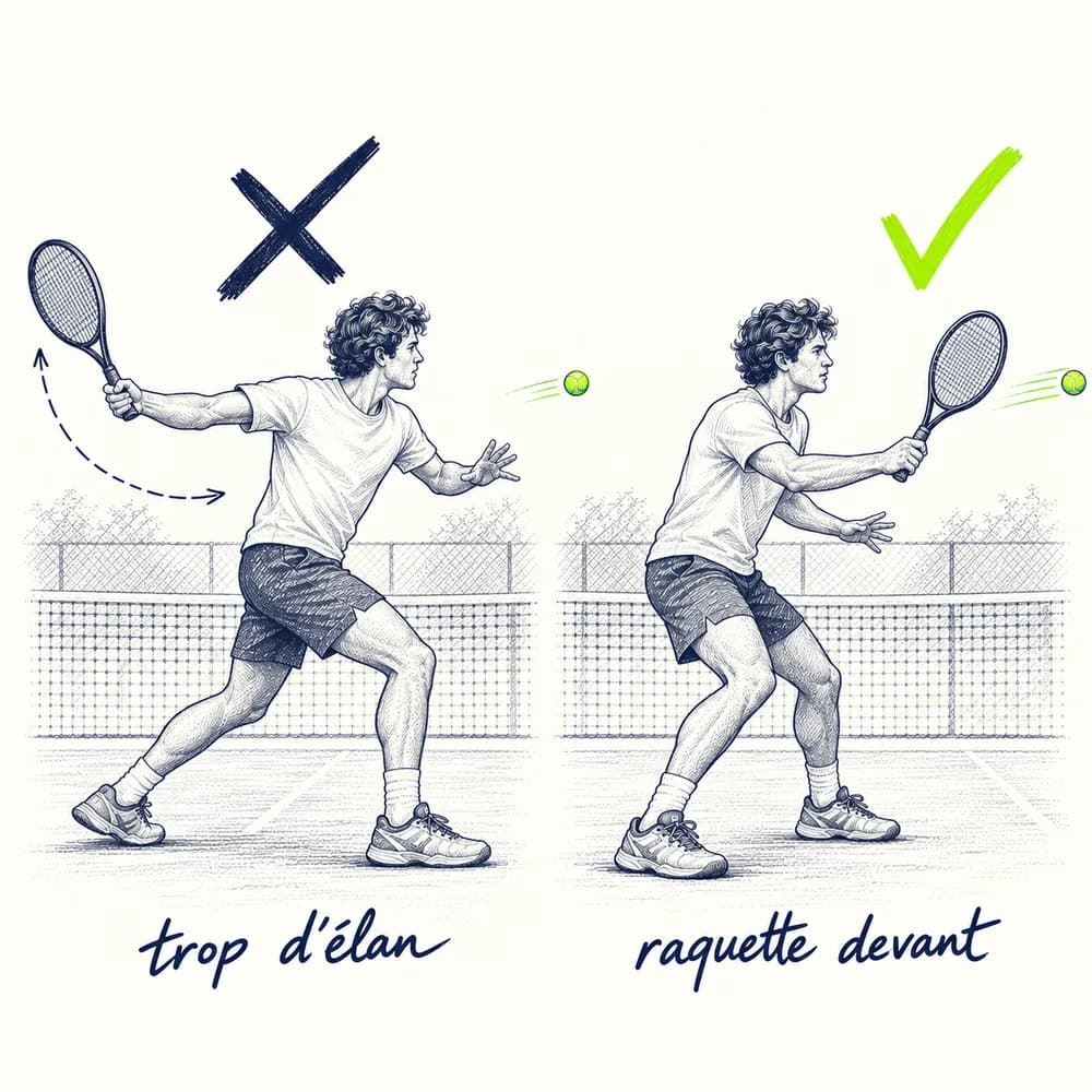 Croquis en deux temps : à gauche, barré, le joueur arme sa raquette loin derrière lui au filet ; à droite, validé, la raquette reste devant lui