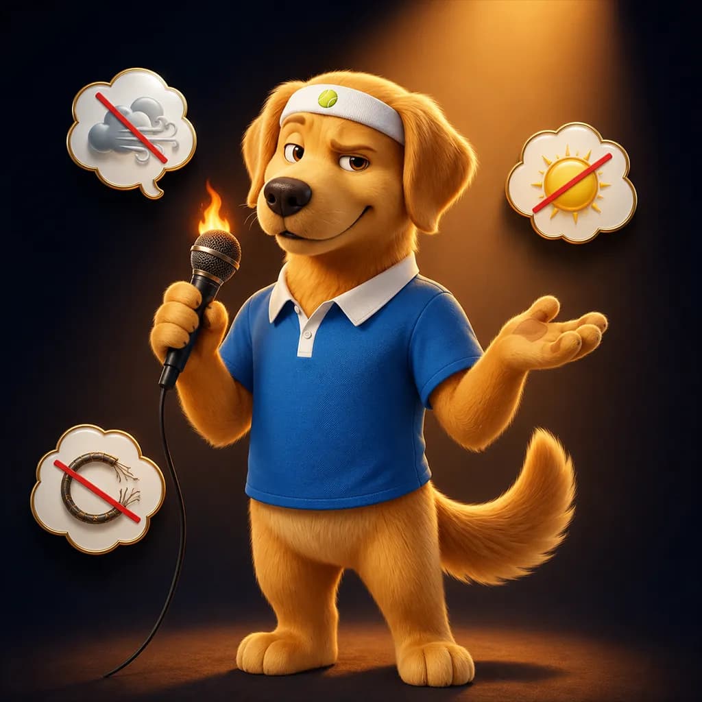 Sam, le coach golden retriever, micro en main pour recueillir ton excuse