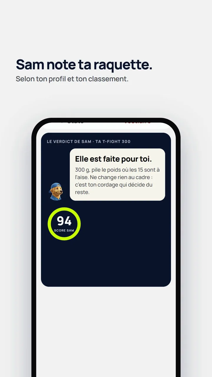Vidéo de l’app Sam Tennis : Sam note la raquette du joueur sur 100 selon son profil et son classement, puis suit l’usure de son cordage.