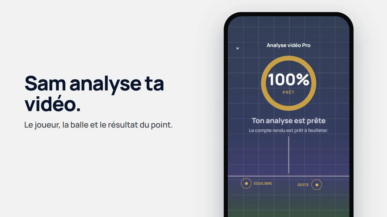 Vidéo de l’app Sam Tennis : Sam analyse la vidéo d’un point, le joueur, la balle et le résultat, puis donne une priorité de travail avec un exercice.