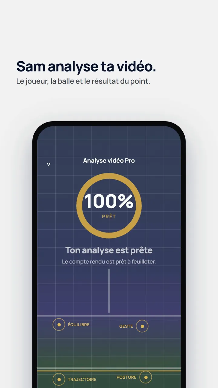 Vidéo de l’app Sam Tennis : Sam analyse la vidéo d’un point, le joueur, la balle et le résultat, puis donne une priorité de travail avec un exercice.