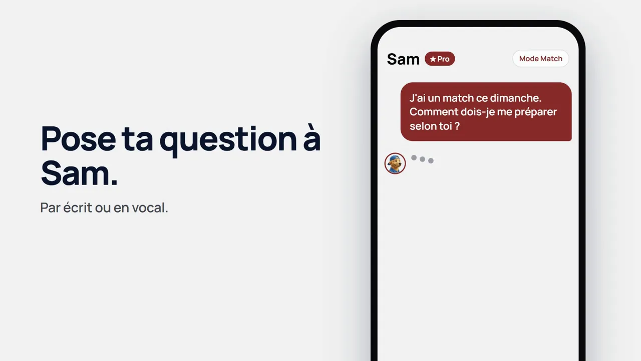 Vidéo de l’app Sam Tennis : le joueur demande comment préparer son match du dimanche, et Sam, qui connaît son jeu, lui répond avec un plan de séance.