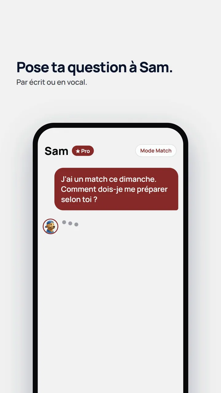 Vidéo de l’app Sam Tennis : le joueur demande comment préparer son match du dimanche, et Sam, qui connaît son jeu, lui répond avec un plan de séance.