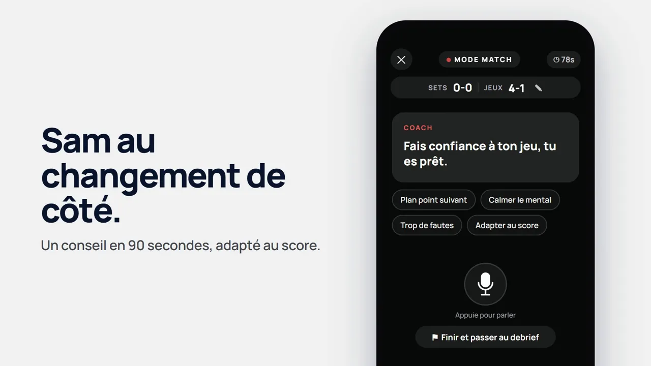 Vidéo de l’app Sam Tennis : au changement de côté, Sam donne un conseil adapté au score, puis le joueur débriefe son match à chaud.