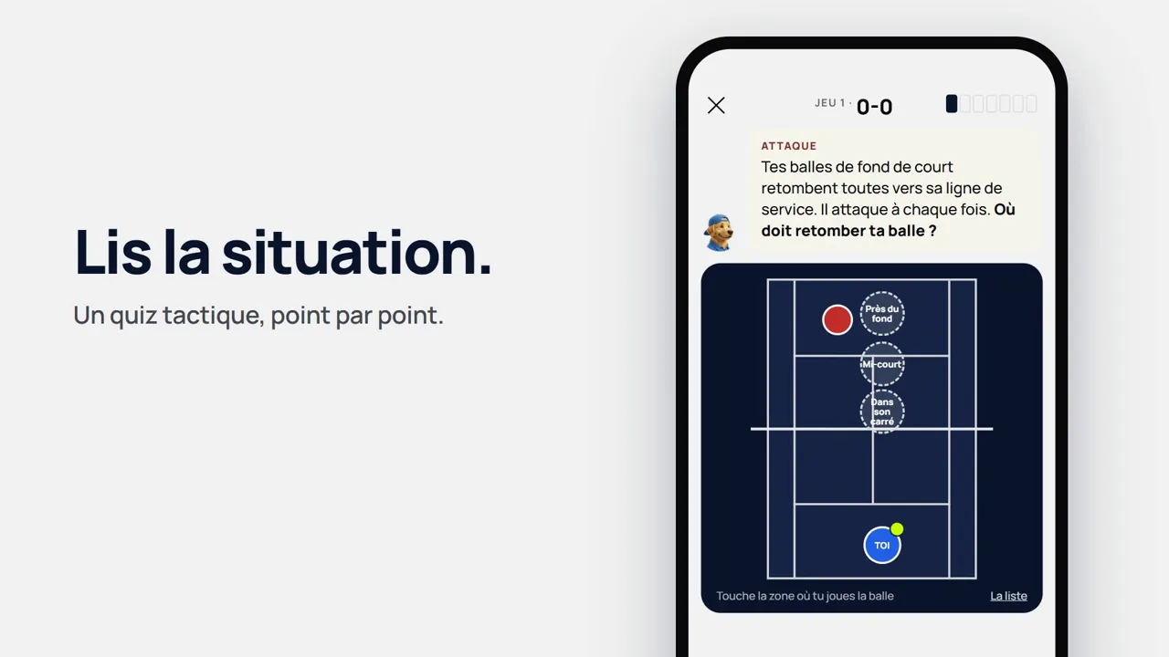 Vidéo de l’app Sam Tennis : un quiz tactique montre une situation de jeu sur le court, le joueur choisit où jouer et Sam lui explique la bonne réponse.