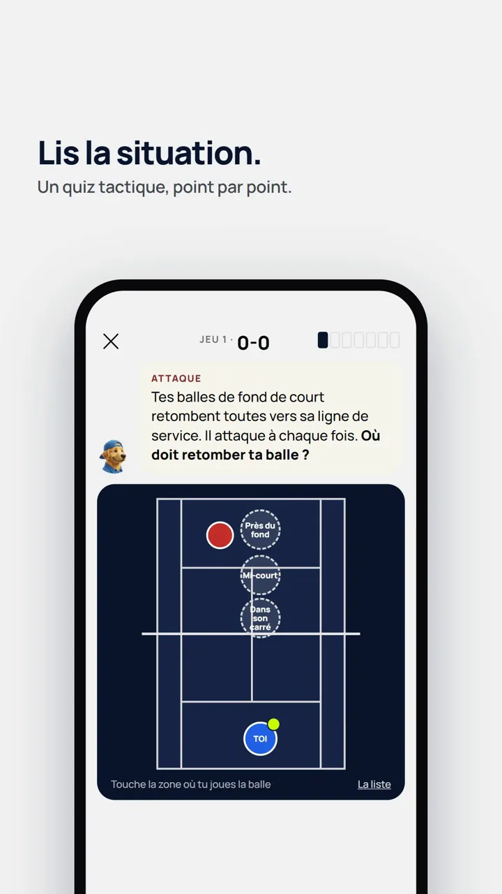 Vidéo de l’app Sam Tennis : un quiz tactique montre une situation de jeu sur le court, le joueur choisit où jouer et Sam lui explique la bonne réponse.