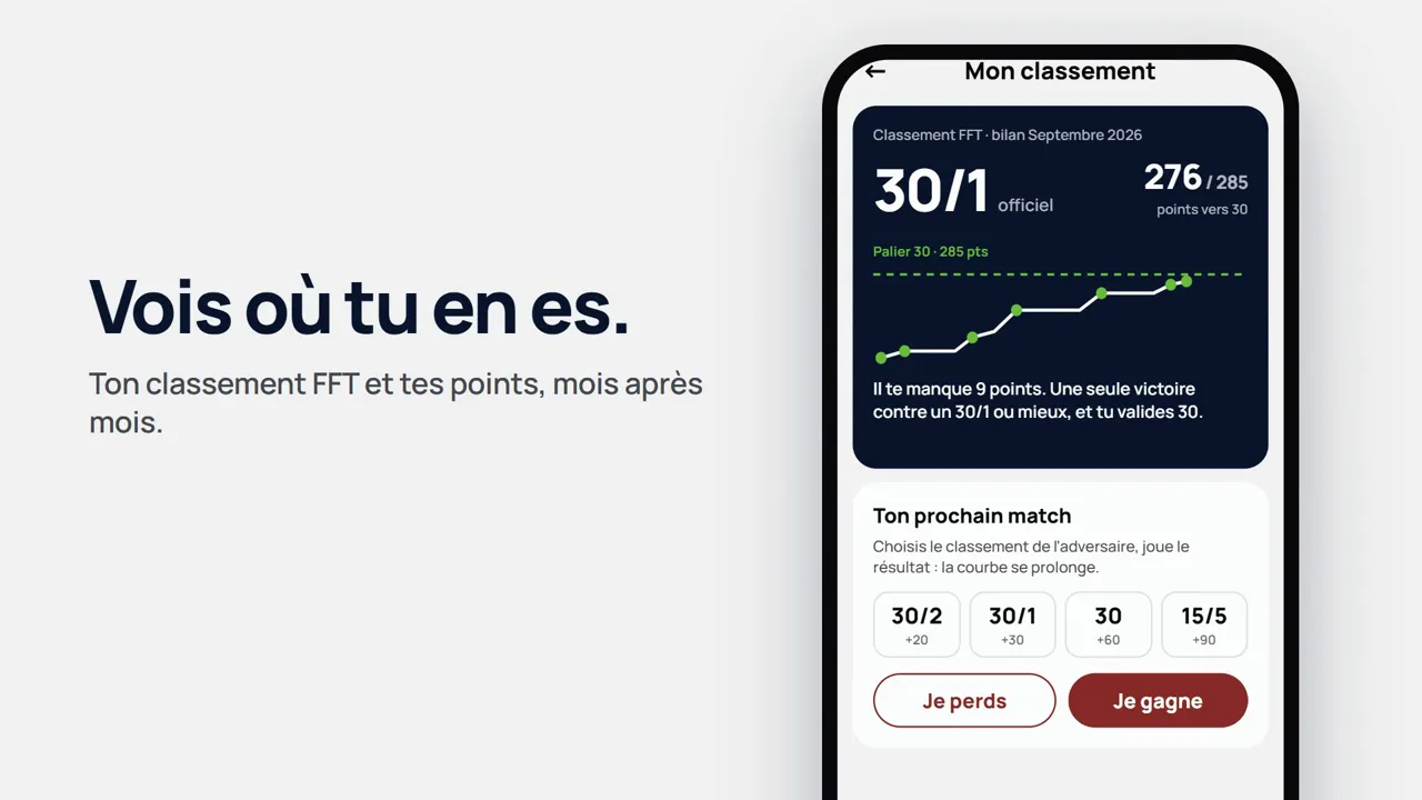 Vidéo de l’app Sam Tennis : le joueur voit son classement FFT et ses points, choisit le classement de son prochain adversaire et simule le résultat.