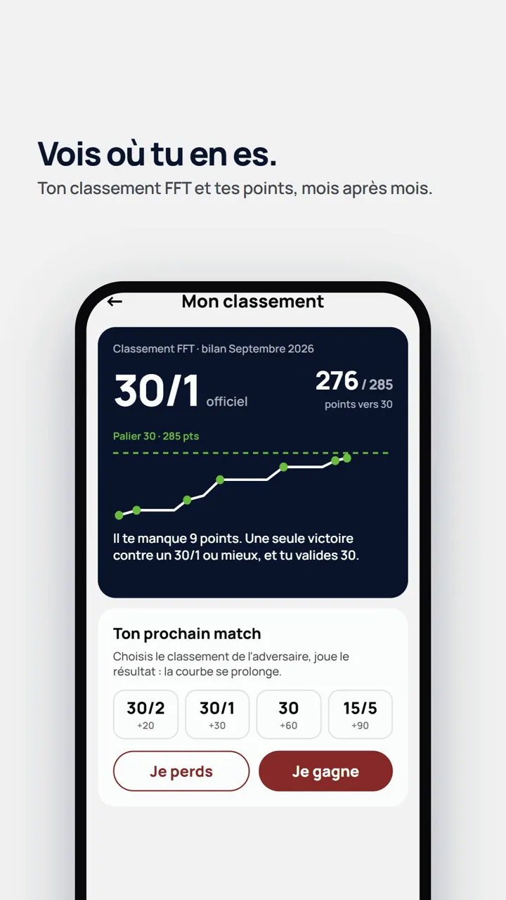 Vidéo de l’app Sam Tennis : le joueur voit son classement FFT et ses points, choisit le classement de son prochain adversaire et simule le résultat.